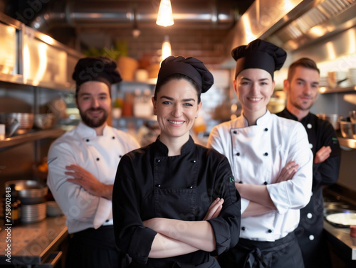 Culinary Leadership: Chef Woman and Team in High-Quality Portrait at Commercial Kitchen © willian