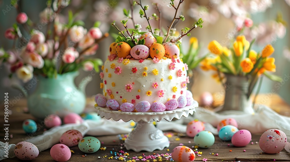 Easter cake with colorful eggs on spring background. Generative AI Easter cake with colorful eggs on spring background. Generative AI