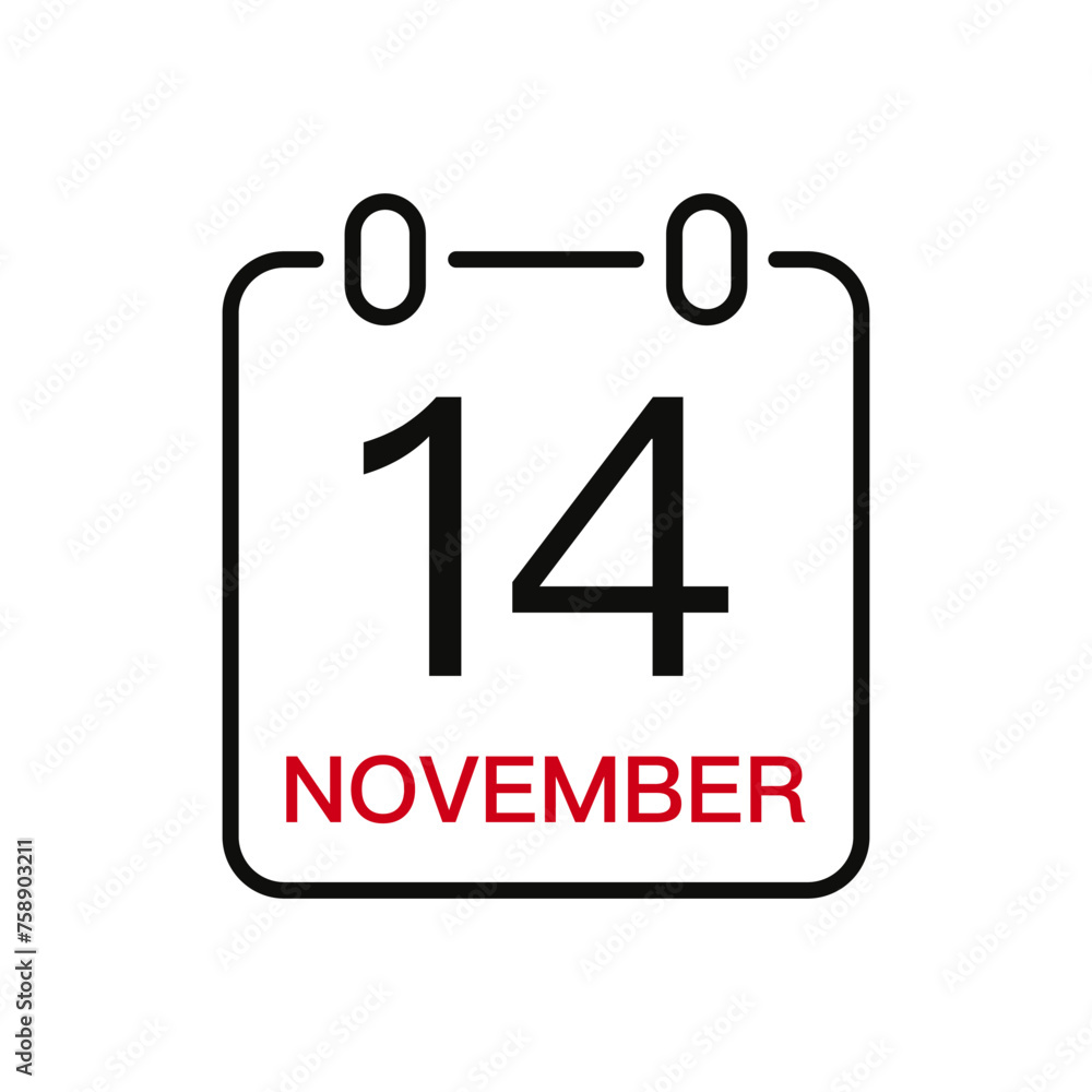 November 14 date on the calendar, vector line stroke icon for user interface. Calendar with date, vector illustration. November 14 date on the calendar, vector line stroke icon for user interface. Calendar with date, vector illustration.
