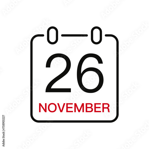 November 26 date on the calendar, vector line stroke icon for user interface. Calendar with date, vector illustration.