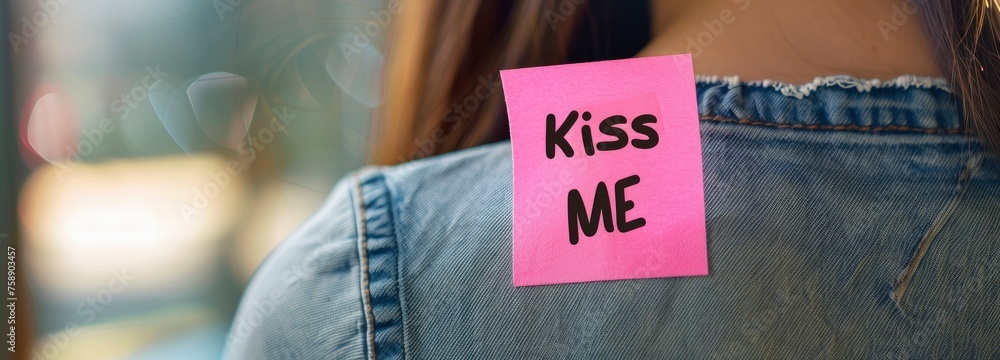 Sticky note with the Kiss ME text on the back of a woman. - obrazy, fototapety, plakaty 