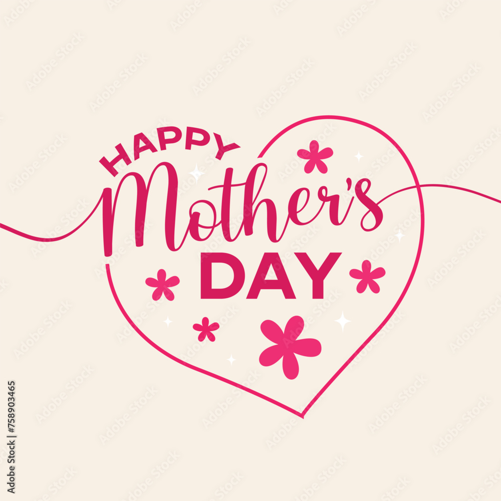 Obraz premium Happy Mothers Day vector typography illustration with floral elements. Mothe Hand drawn lettering, poster, banner, greeting card. Mother's Day lettering and pink flower on white background.
