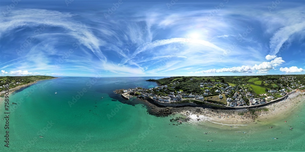 View of Coastline and cloudy sky. Taken with a drone