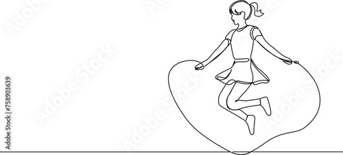continuous single line drawing of girl jumping rope, line art vector illustration