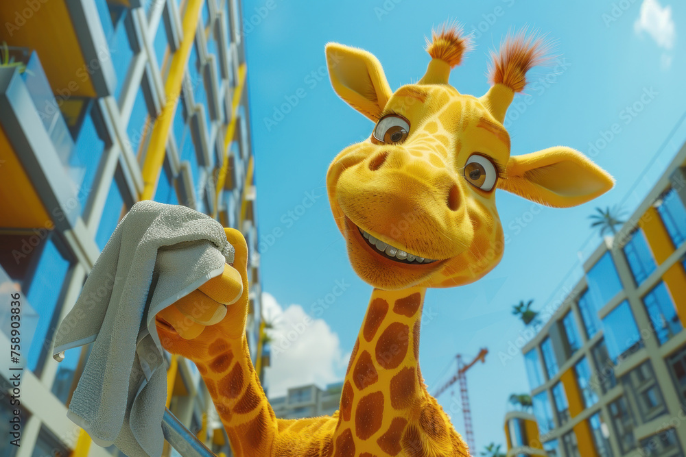 Obraz premium A giraffe is holding a towel and smiling. The giraffe is in a city with tall buildings in the background