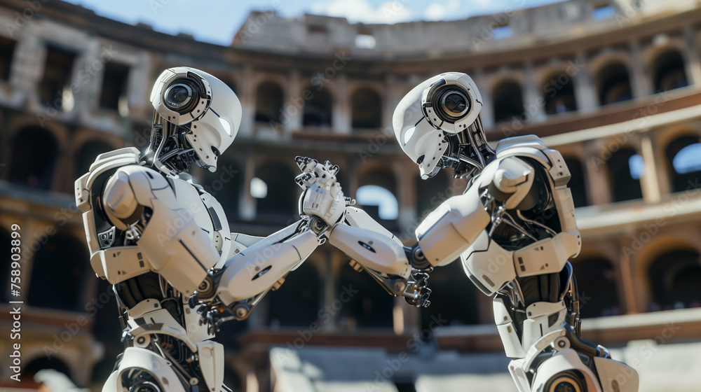 Fototapeta premium Two humanoid robots interacting inside the Colosseum