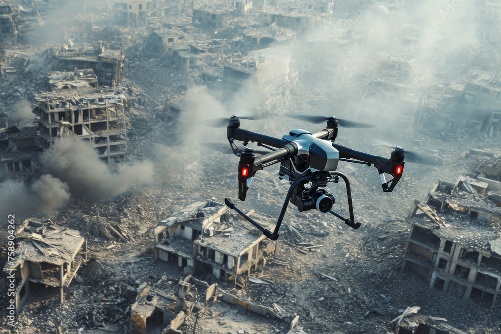 Drone equipped with camera flies over devastated urban landscape, with smoke rising from collapsed buildings. For editorial use depicting drone journalism, disaster assessment - obrazy, fototapety, plakaty 