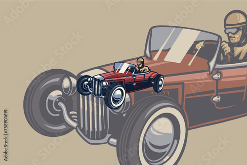 A vintage classic car logo with a driver wearing a helmet and dressed in retro clothing, creates a nostalgic and elegant feel in a timeless design. photo