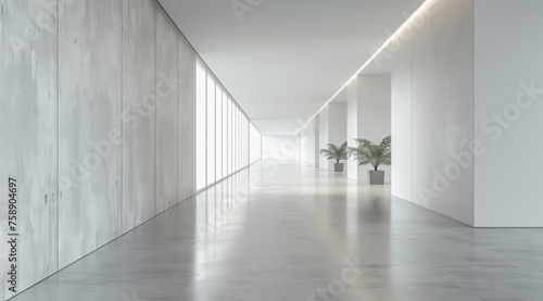 An empty, bright white hallway lined with glass partitions reflects a modern and clean corporate