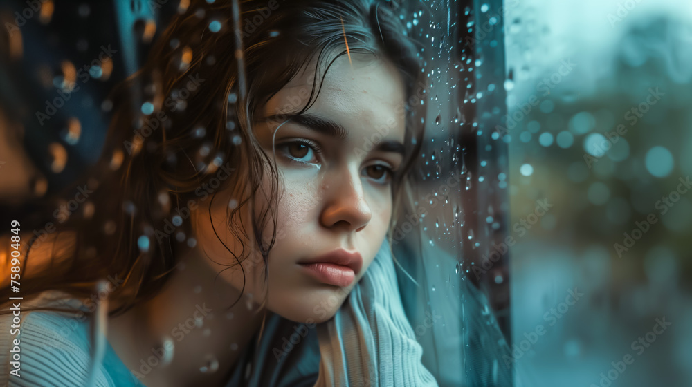 Pensive young woman looking through a raindrop-covered window Pensive young woman looking through a raindrop-covered window