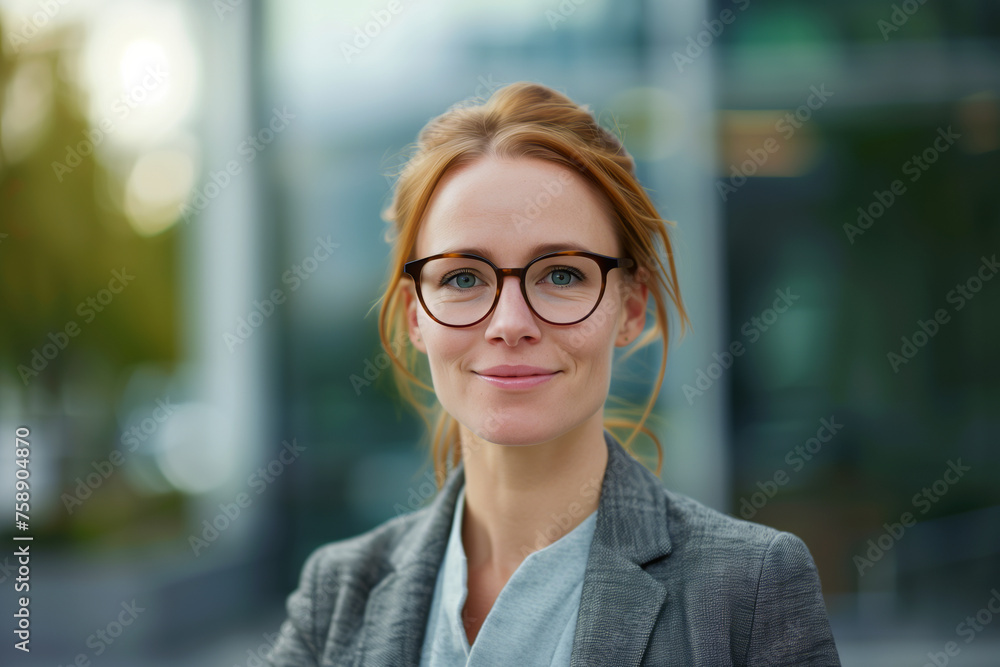 Young Professional Woman with Glasses, Showcasing Confidence and Style in an Urban Setting Young Professional Woman with Glasses, Showcasing Confidence and Style in an Urban Setting