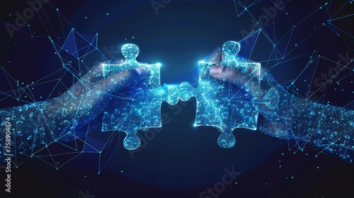 Two connected puzzles and two hands. Collaboration, cooperation, digital solutions, puzzle pieces, company merger, matching connection, company collaboration, partnership, teamwork concept.