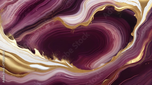 Liquid marble in purple and gold colors as a background. Generative AI.

