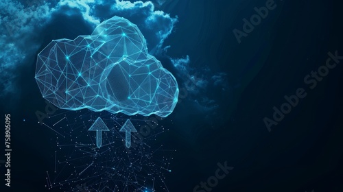 The future of cloud computing is coming. Polygonal cloud storage symbol with two arrows pointing up and down, on dark blue. Cloud computing, big data centers, digital artificial intelligence, virtual photo