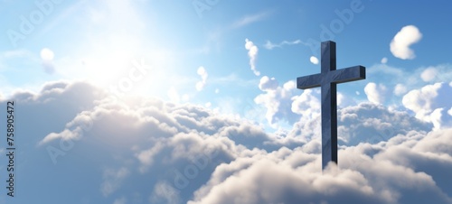 Religious christian catholism background religion, death concept  - Old steel cross symbol with blue sky, clouds and sunbeams photo