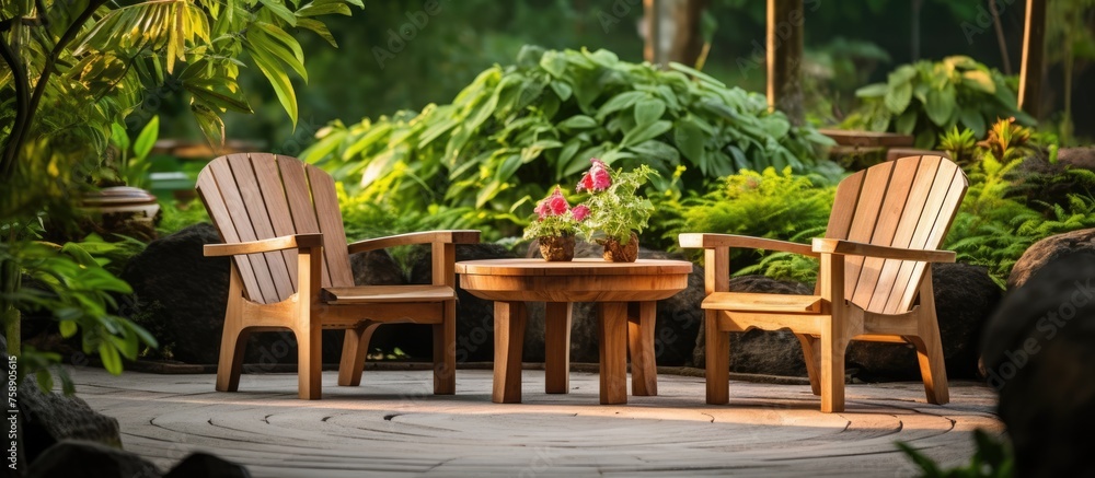 Wooden chair and table set in a garden, Outdoor relaxation theme.