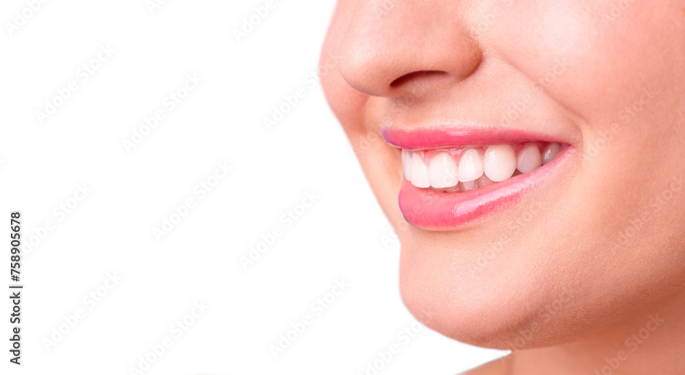 Fototapeta premium Healthy white smile close up. Beauty woman with perfect smile, lips and teeth. Beautiful Model Girl with perfect skin. Teeth whitening. World Smile Day.