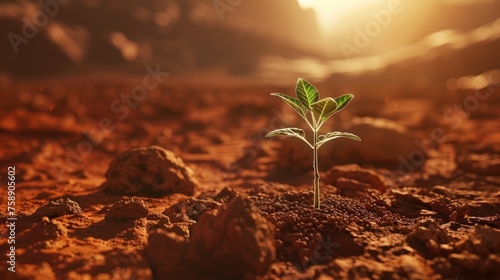 Amidst a rough desert terrain, a resilient young plant basks in the warm golden sunlight, delivering a message of hope and survival photo