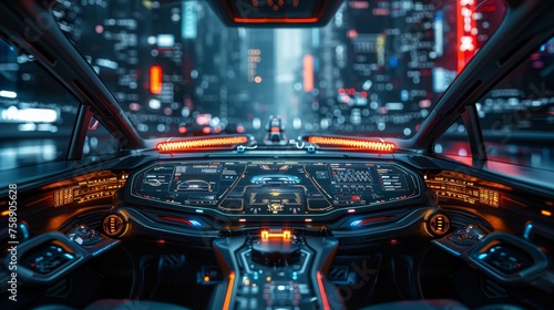 An autonomous car, a driverless vehicle, a head-up display, a graphical user interface, and the internet of things form a futuristic cockpit and touch screen.