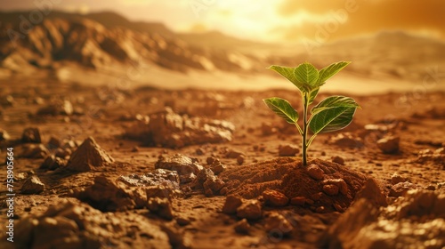 A resilient plant with bright green leaves stands alone in a harsh, sun-drenched desert landscape, epitomizing survival