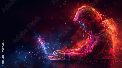 An abstract polygonal hacker with a laptop on a dark background. Cyber security and cyber attacks. Digital technology and hacking. An illustration in low polygons.