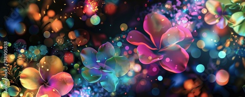 Ethereal Floral Arrangement. Neon Colors, Glowing Particles, Bokeh, and Sparkles against a Black Background