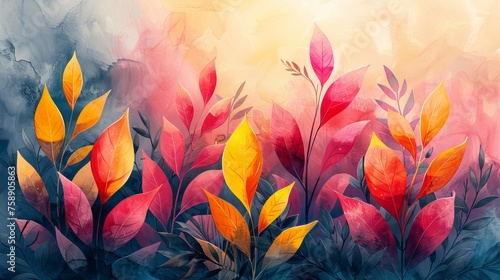 Watercolor illustration of modern abstract art. Golden elements, textured background. Hand drawn plants. Tropical, Flowers. Leaves. Prints, wallpapers, posters, murals.