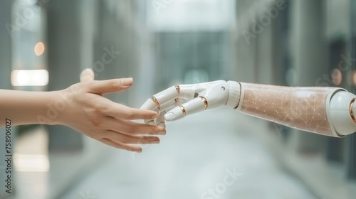 Human and robotic hands touching on medical data network connection, AI robot for diagnosing and treating patients in the future. Technology to improve patient health. #758906027