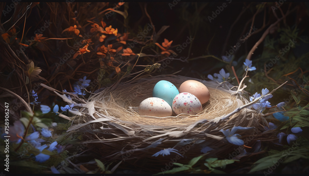 Obraz premium Holiday eggs in a basket. Easter celebration.