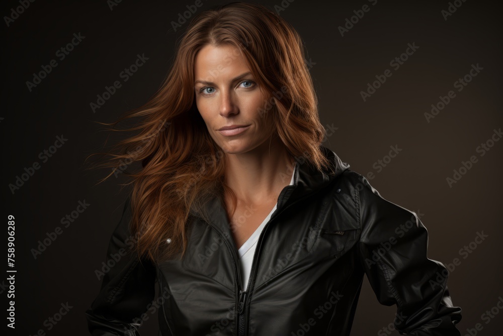 Portrait of a beautiful woman in a black leather jacket on a dark background