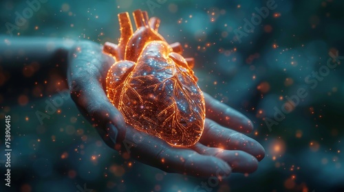 An abstract silhouette of a heart is positioned in the hand of a donor - a wireframe composition for organ donation or transplantation. The wireframe composition is isolated on a dark blue