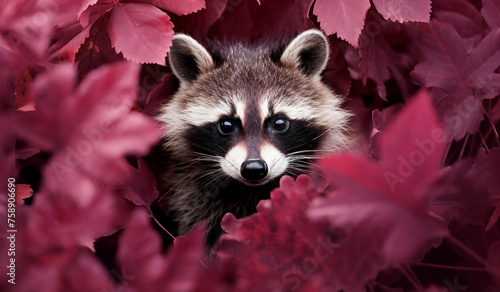 a raccoon peeking out from behind some leaves in a forest of red leaves, with a black nose