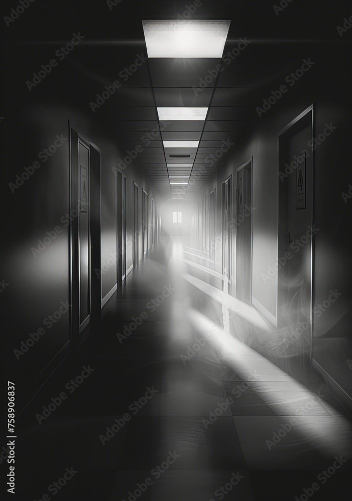 an empty hospital corridor subtly