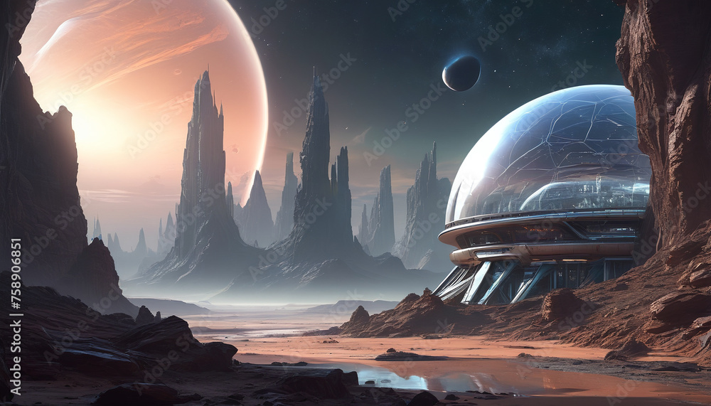 Technological city on Mars. Glass dome where people live.
Technological city on Mars. Glass dome where people live.