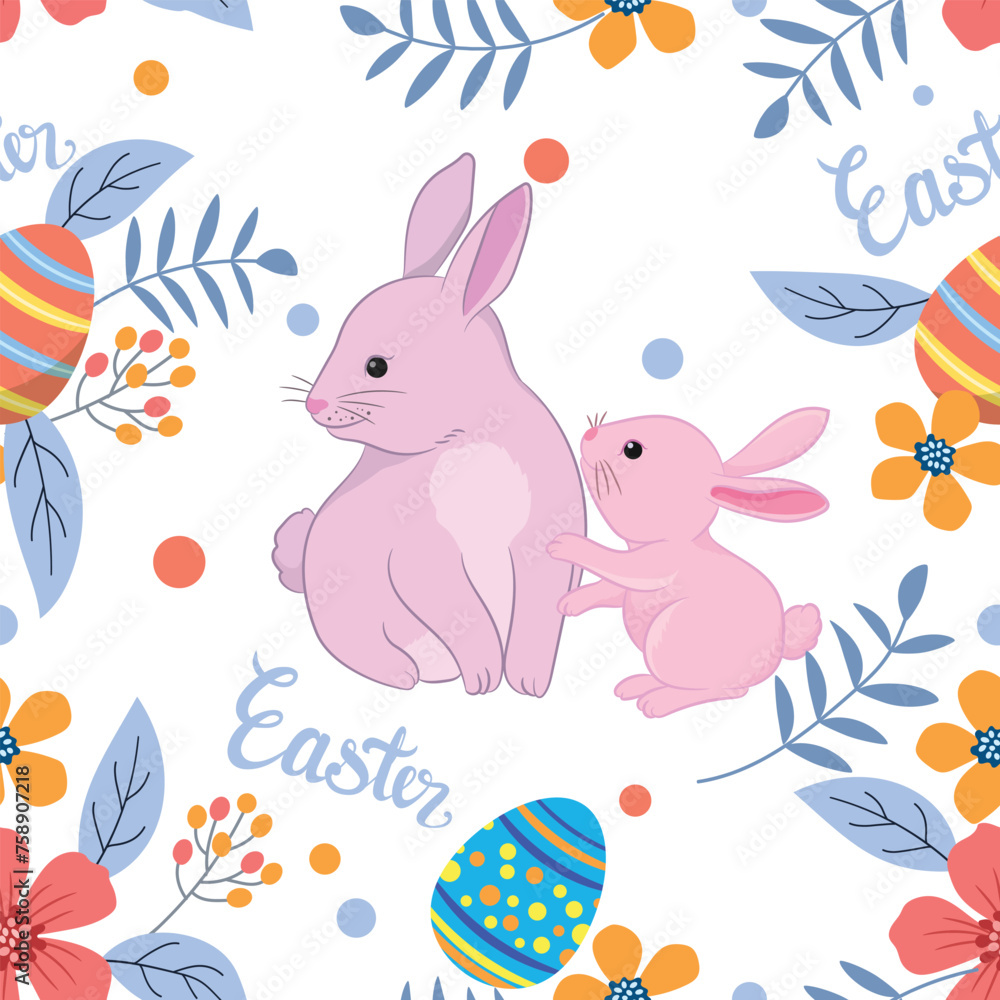 Happy Easter egg concept. Bunny with Easter egg and flowers seamless pattern for fabric textile wallpaper gift wrapping paper.