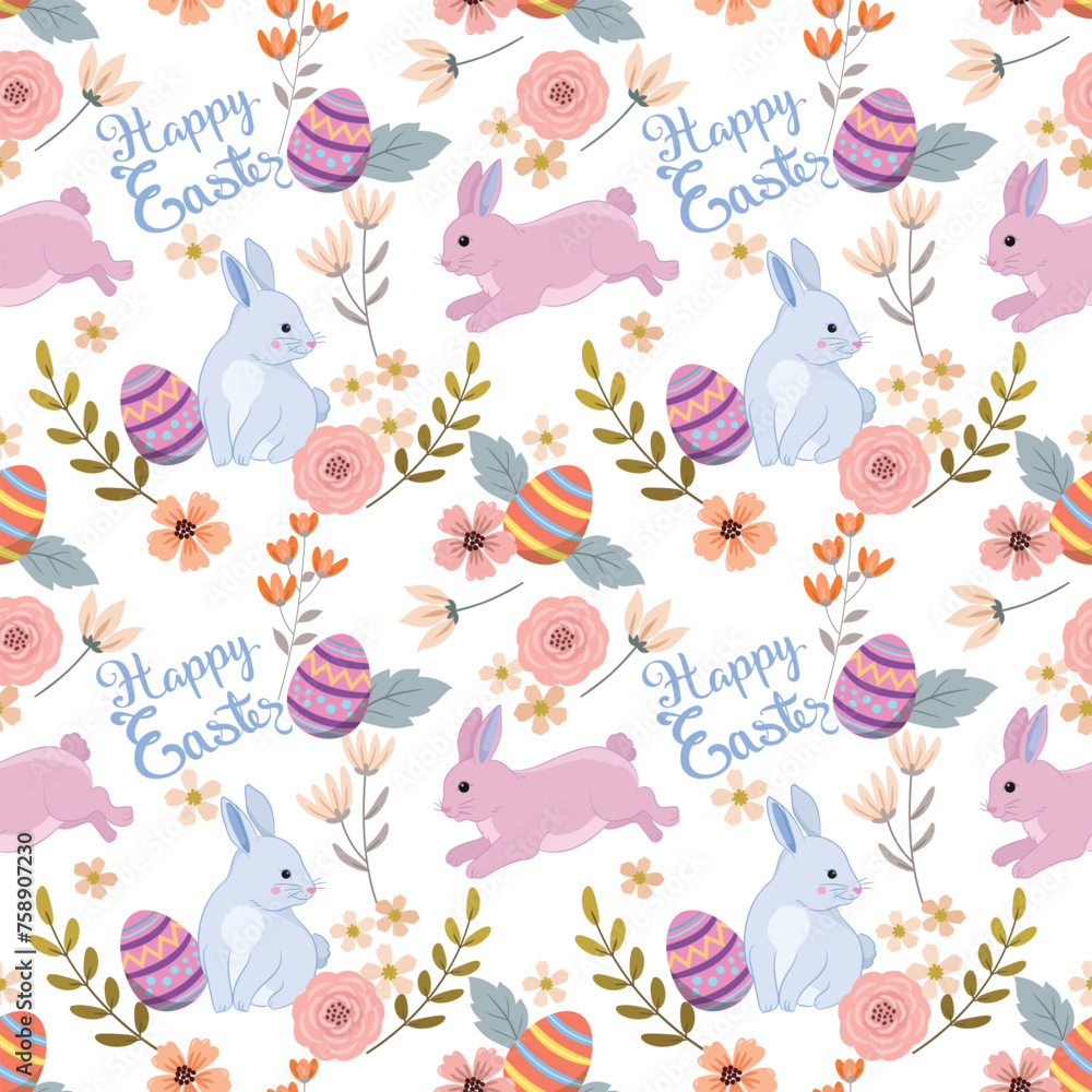 Happy Easter egg concept. Bunny with Easter egg and flowers seamless pattern for fabric textile wallpaper gift wrapping paper. Happy Easter egg concept. Bunny with Easter egg and flowers seamless pattern for fabric textile wallpaper gift wrapping paper.