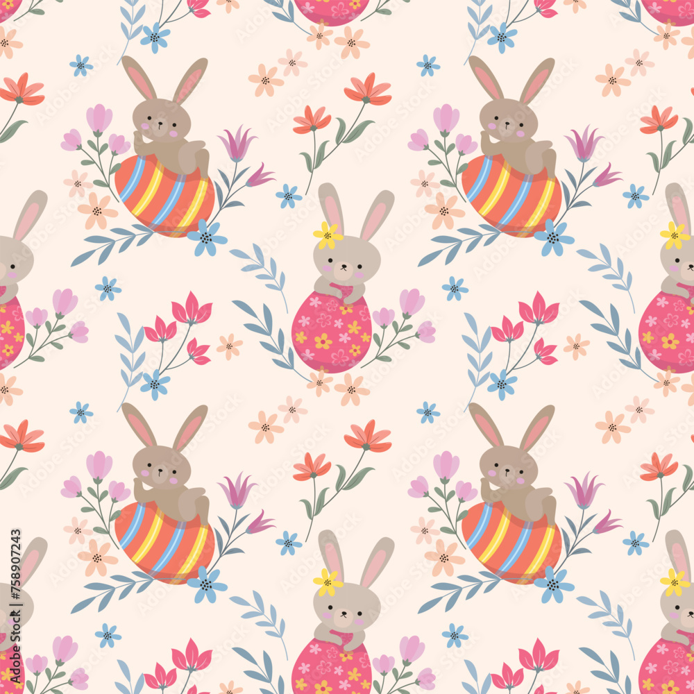 Happy Easter egg concept. Bunny with Easter egg and flowers seamless pattern for fabric textile wallpaper gift wrapping paper.