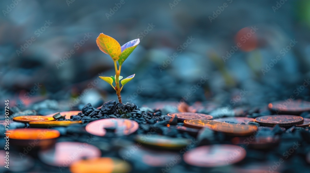 A delicate plant emerges among shiny coins on dark soil, symbolizing growth and the fusion of nature and economy A delicate plant emerges among shiny coins on dark soil, symbolizing growth and the fusion of nature and economy
