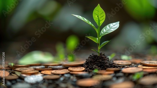 A young plant sprouts from a bed of soil surrounded by multiple copper coins, symbolizing investment growth and financial concepts