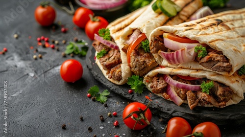 Delicious Greek gyros wrapped in pita bread. Shawarma, grilled pita on dark background. With fresh meat and vegetables. Copy space.