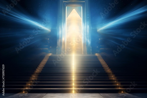 Glowing Door of Financial Opportunities, captivating, staircase, bright, wealth