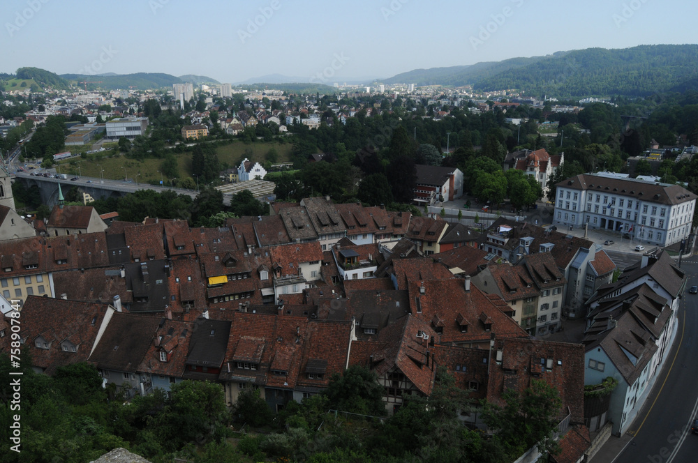 Switzerland: The old town of Baden City in canton Aargau with the Bridge to Wetting and view to Zürich