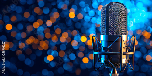 A sleek microphone with cradle mount against a blue bokeh background, featuring abundant copyspace, ideal for recording studio-quality audio. photo