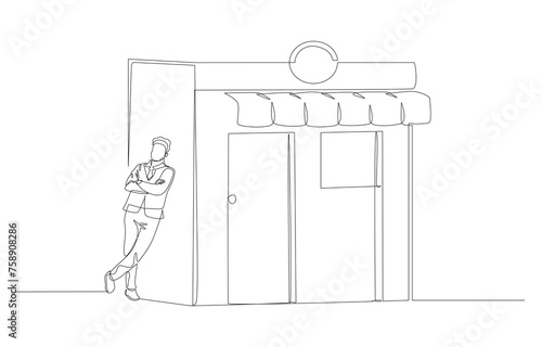 Continuous one line drawing of businessman leaning against store, openning shop or starting business owner concept, single line art.