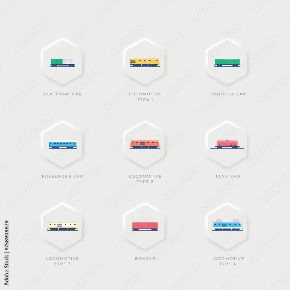 Railway rolling stock. Nine colored icons of wagons and locomotives. All the elements are laid out in layers