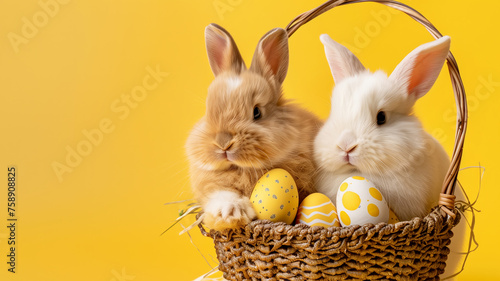 Two very cute and fluffy Easter bunnies sitting in a basket with Easter eggs on a yellow background, closeup. Easter bunnies and colored eggs in a basket. Postcard, banner, space for text. Easter day © Nonna