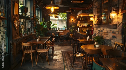 Warm Wooden Cozy Retro Coffee Shop Interior Inviting Guests for Relaxation