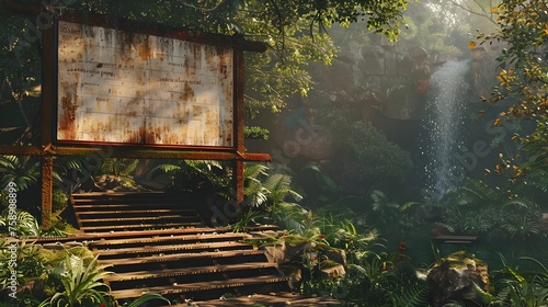 Wooden Billboard in Lush Jungle with Adjacent Waterfall Staircase