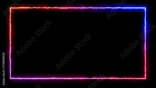 Neon colorful rectangle border blazing animated on black background. isolated on black. led fire, abstract neon, border frame. futuristic, energy burning square. 4K graphic animation video photo