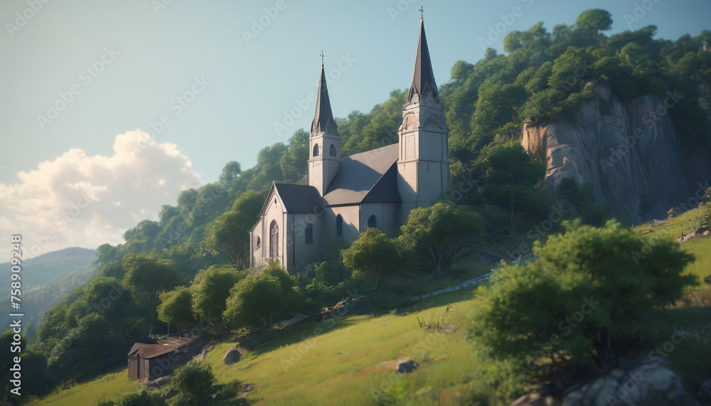 Church building on a beautiful ridge amidst the mountains.

